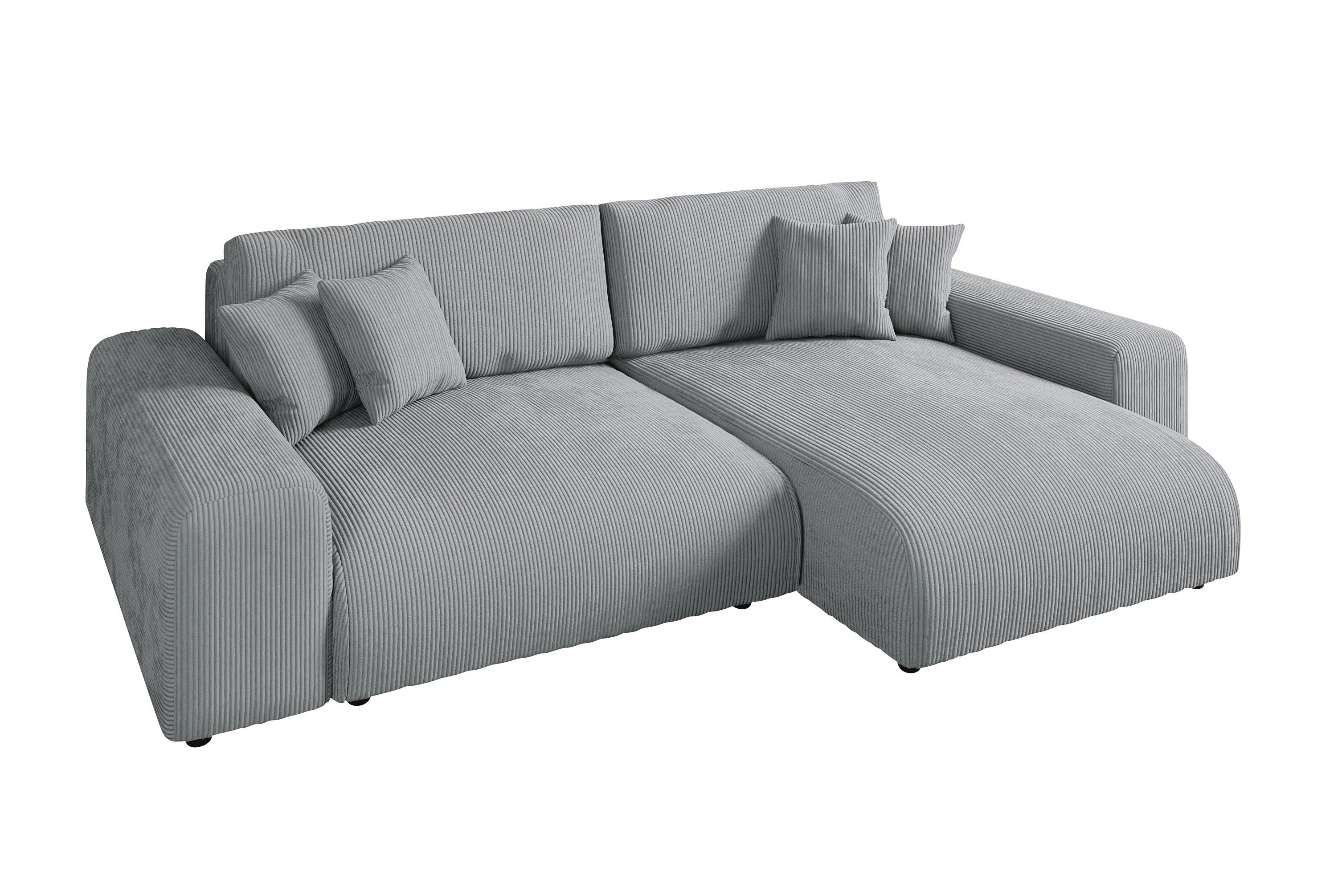 ECKSOFA mit Schlaffunktion, Bettkasten, Wellenunterfederung, seitenverkehrt montierbar B255/T165/H84 cm, Liegefl. 148x196 cm, Cord Hellgrau / 21007 - Hellgrau/Schwarz, Kunststoff/Textil (255/165cm) - luma-home
