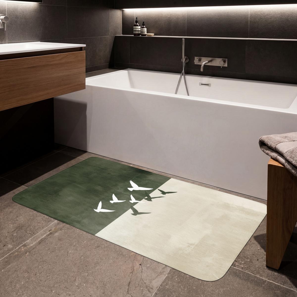 BADEMATTE Japandi - Vogel - Grün 120x60 cm - Olivgrün, Textil (120/60cm) - OnlyWow