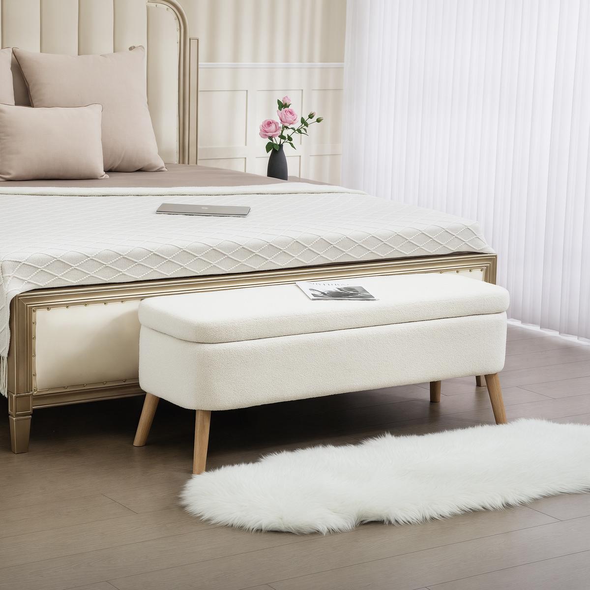 TRUHENBANK mit Fleece-Optik, Holzbeine für Wohnzimmer - Creme, Textil (42/45/120cm) - HOMCOM
