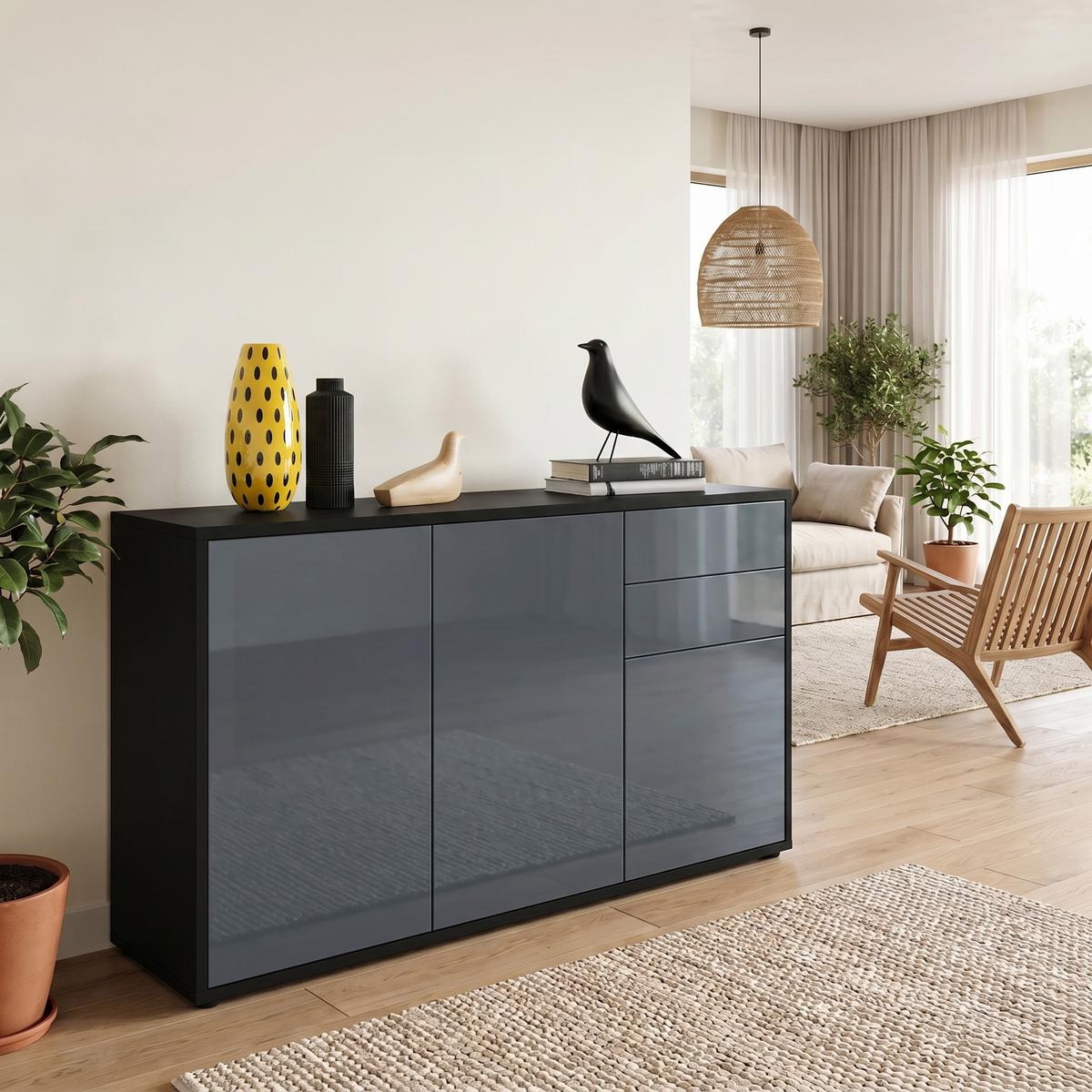 KOMMODE Ben Front in Grau Hochglanz - Grau, Holzwerkstoff (117/74/36cm) - Vladon