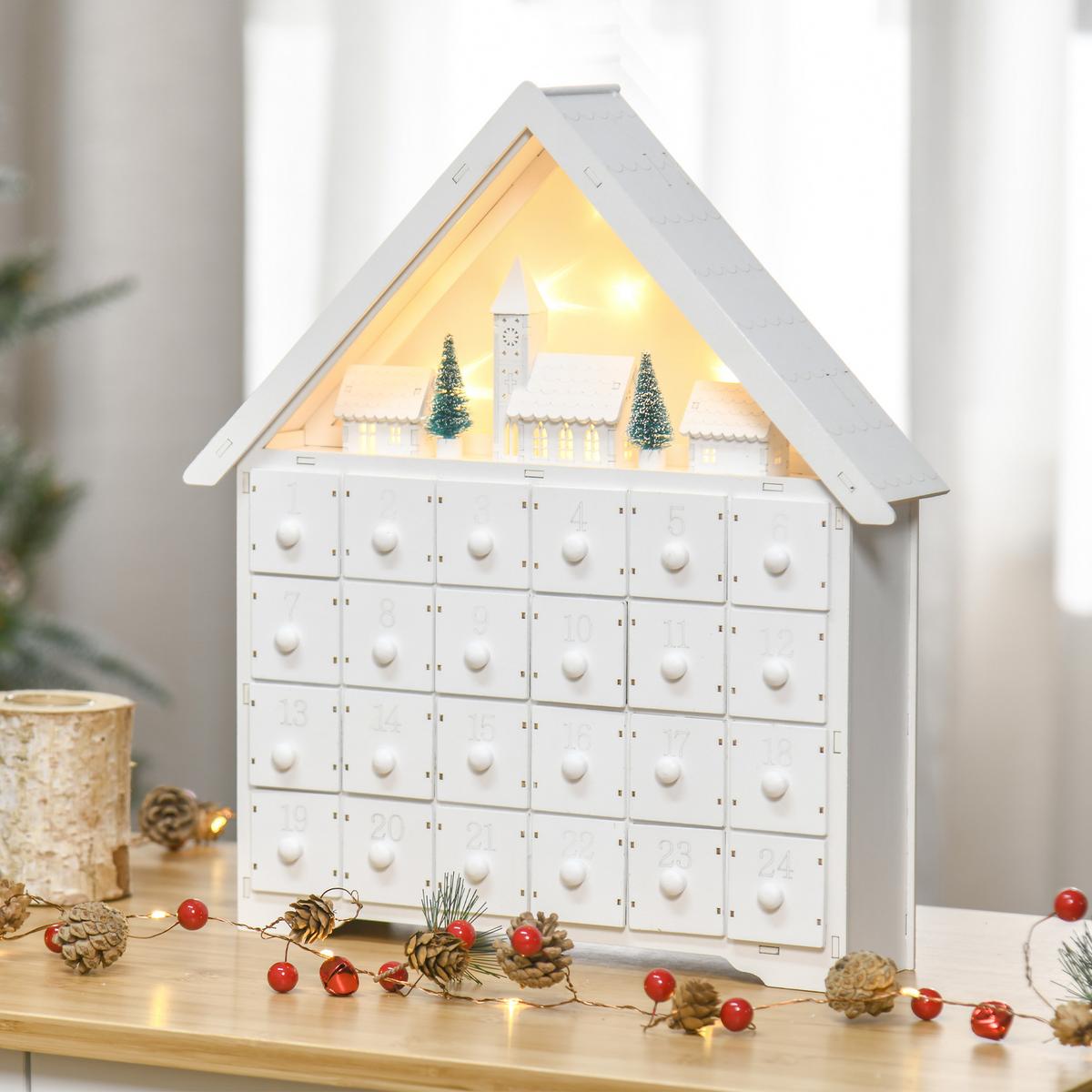 ADVENTSKALENDER Weihnachtskalender 24 Schubladen mit LED 2-in-1-Design - Weiß, Holz (9/42/39cm) - HOMCOM