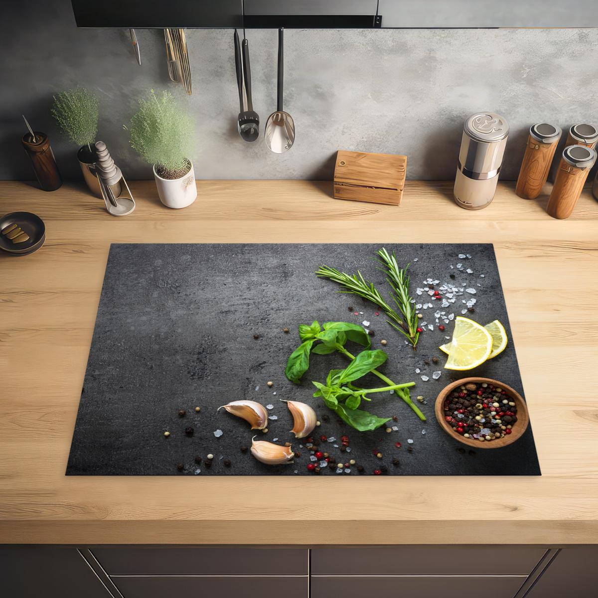HERDABDECKPLATTE Limette - Kräuter - Gewürze - Grün - Grau - Beton Herdabdeckung Induktionsfeld 75x52 cm - Grün, Kunststoff (75/52/0.2cm) - MuchoWow