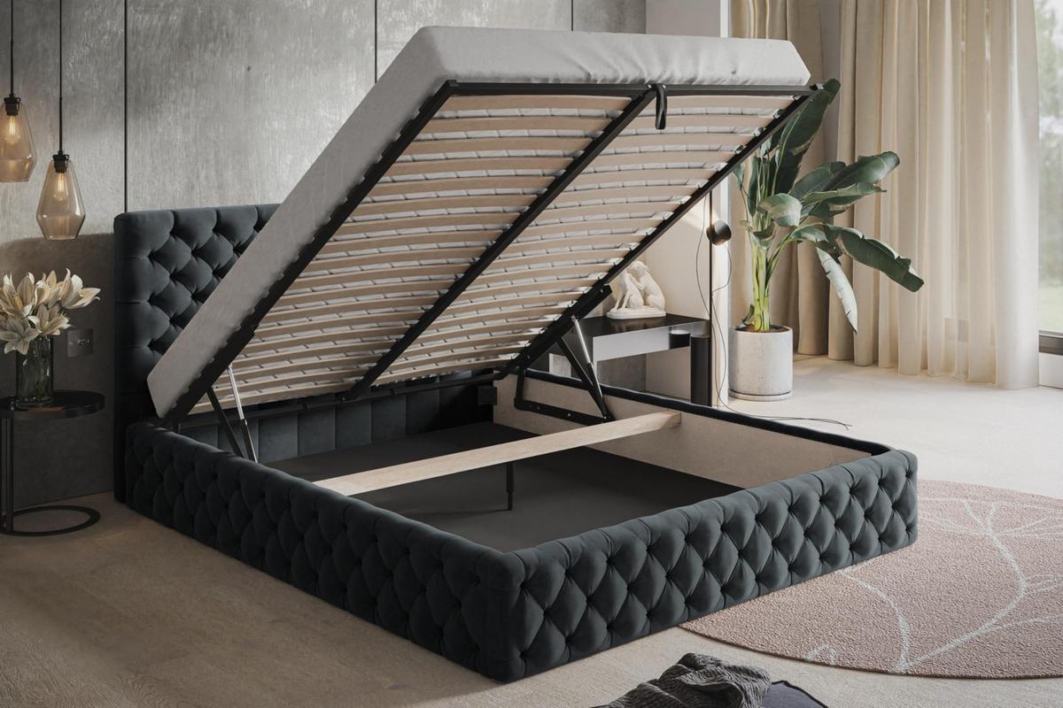 BETT 140x200 - Polsterbett mit Bettkasten und Metallrahmen - Elegant Betten - Weicher Jasminstoff - Kollektion Miami, Dunkelgrau - Dunkelgrau, Holz/Textil (140/200cm) - Alpi-Möbel