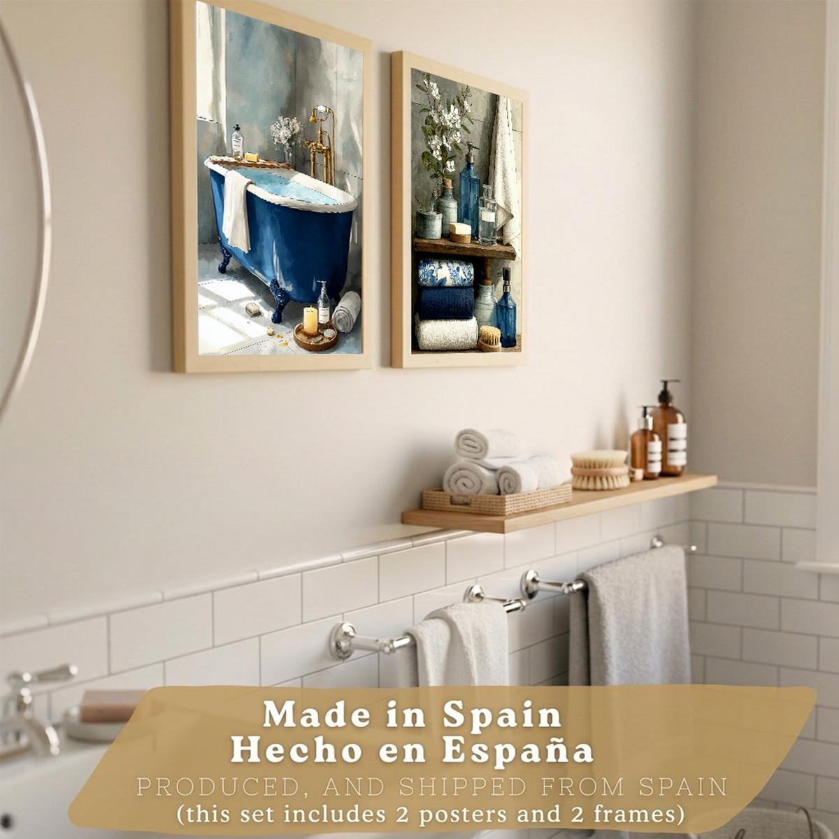 POSTER 2er-Set dekorative Badezimmer-Poster, moderne Wandbilder für Waschbecken, elegante Dekoration mit blauer Badewanne Leichter Holzrahmen A3 - Beige, Papier (42/29.7/3cm) - Nacnic