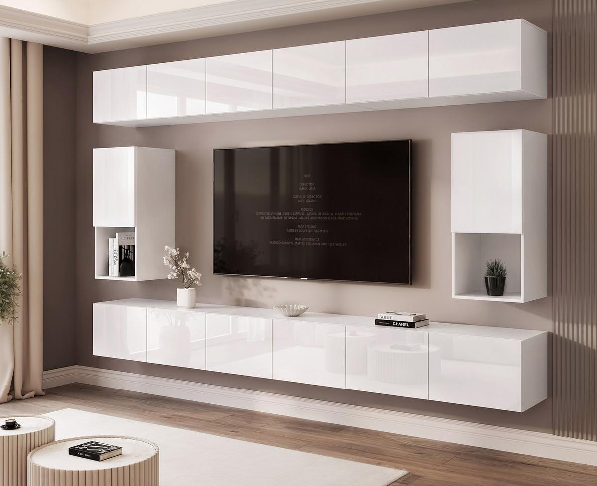 WOHNWAND ANGEL LINE IV 4-teilig, mit LED-Beleuchtung, Weiß Hochglanz - Weiß Hochglanz, Holzwerkstoff (300/162/40cm) - Idohome
