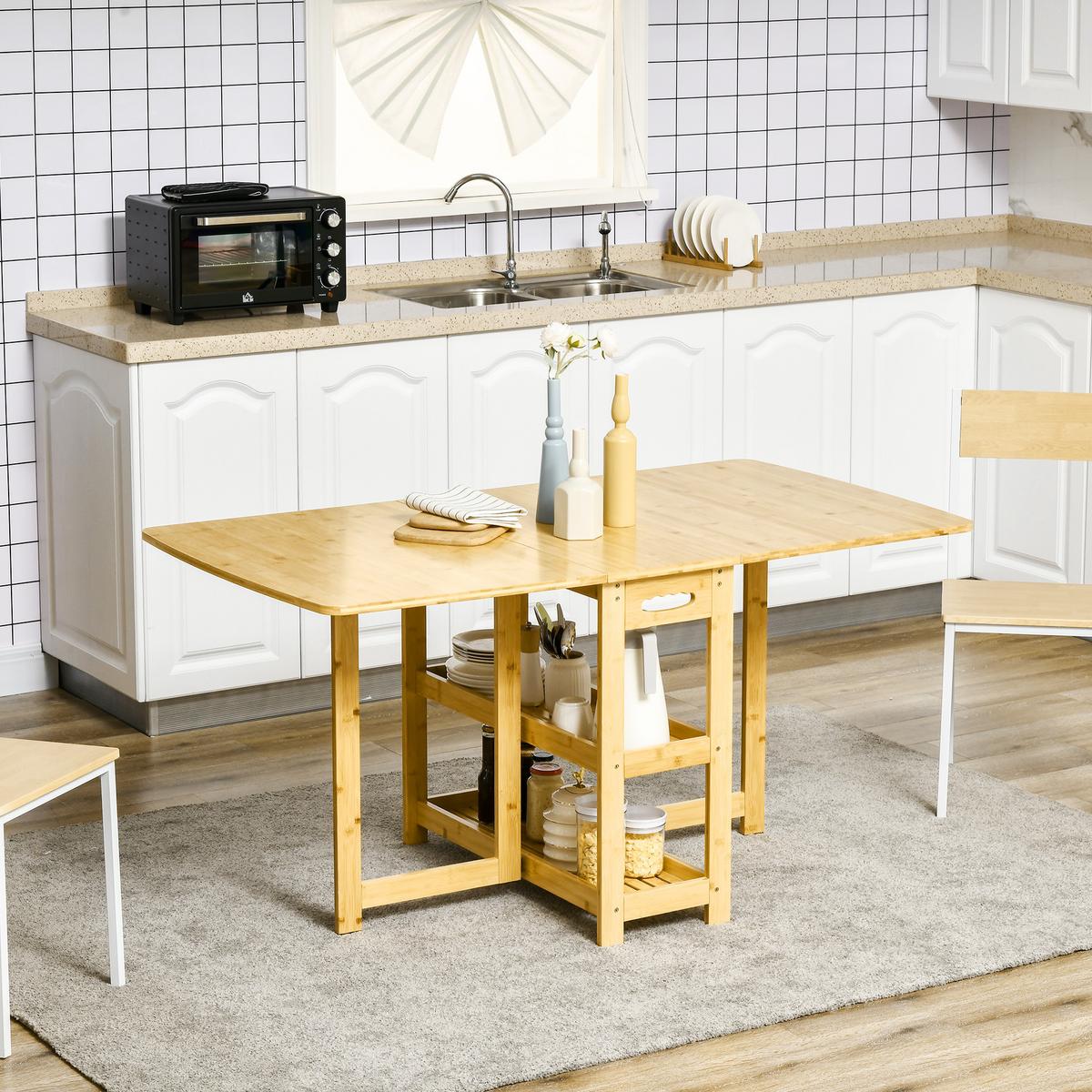 ESSTISCH Klapptisch Küchentisch mit Ablagefächer Esszimmertisch Naturholz - Naturfarben, Naturmaterialien/Bambusholz (149.5/80/73.5cm) - HOMCOM