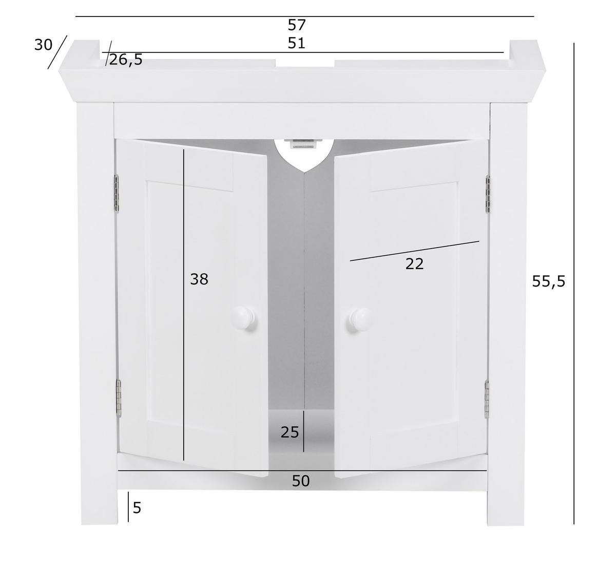WASCHBECKENUNTERSCHRANK Weiß 50x25x41 cm im Landhausstil aus MDF - Weiß, Holz/Holzwerkstoff (57/56/30cm) - KADIMA DESIGN