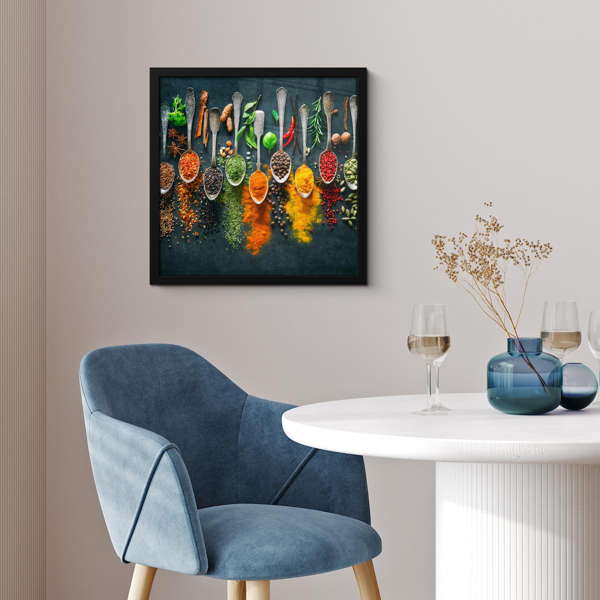 POSTER MIT RAHMENGERAHMTES BILD Kräuter - Gewürze - Löffel 40x40 cm - Currygelb, Papier (40/40cm) - MuchoWow