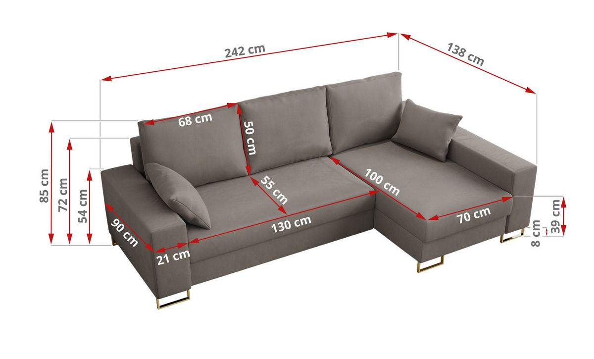 ECKSOFA Dorian Velvet Hellbraun - Hellbraun/Goldfarben, Textil/Metall (242/138cm) - MKS