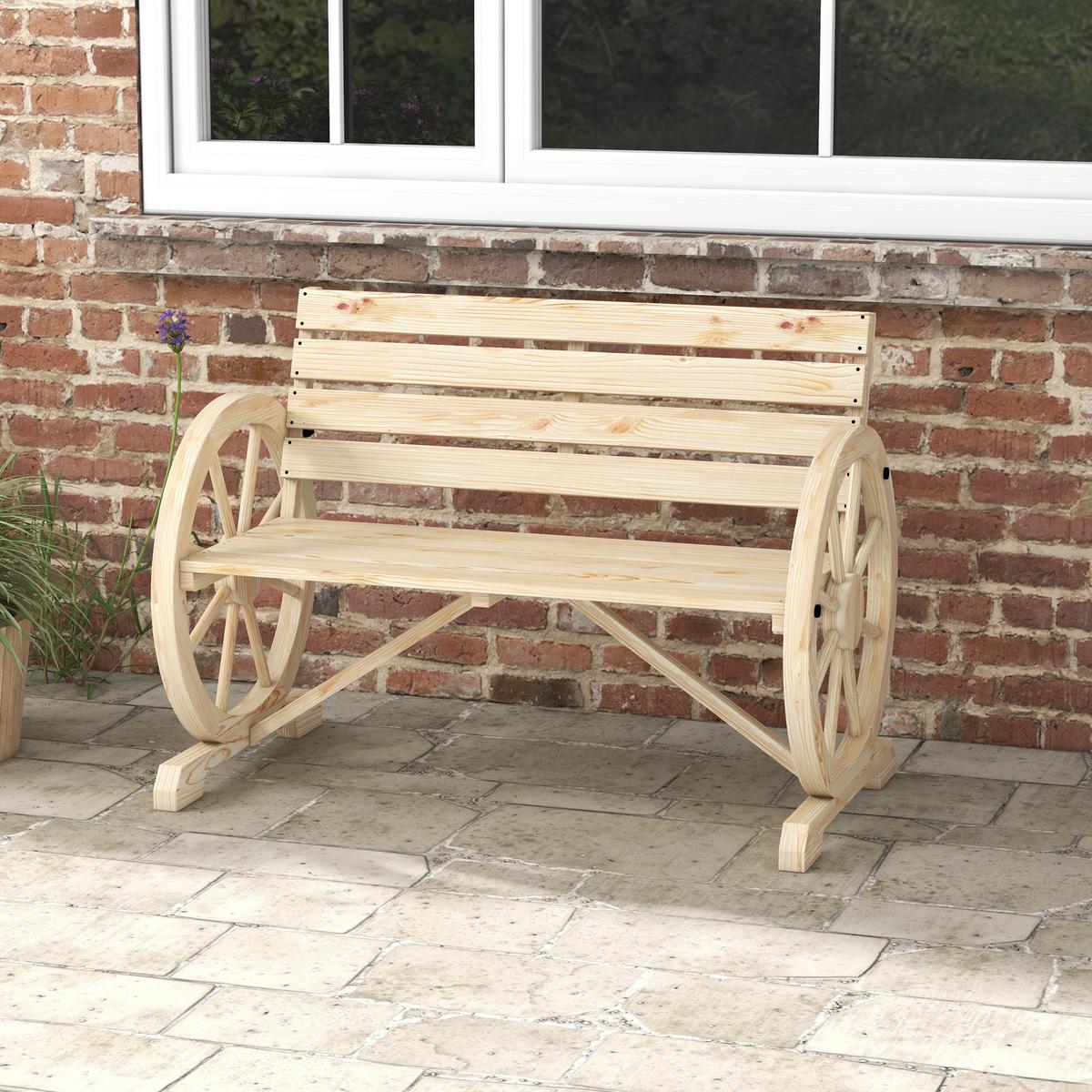 2ER-GARTENBANK Sitzbank Wagenrad-Design rustikale Holzbank für 2 Personen - Naturfarben, Holz (56/79/105.5cm) - Outsunny