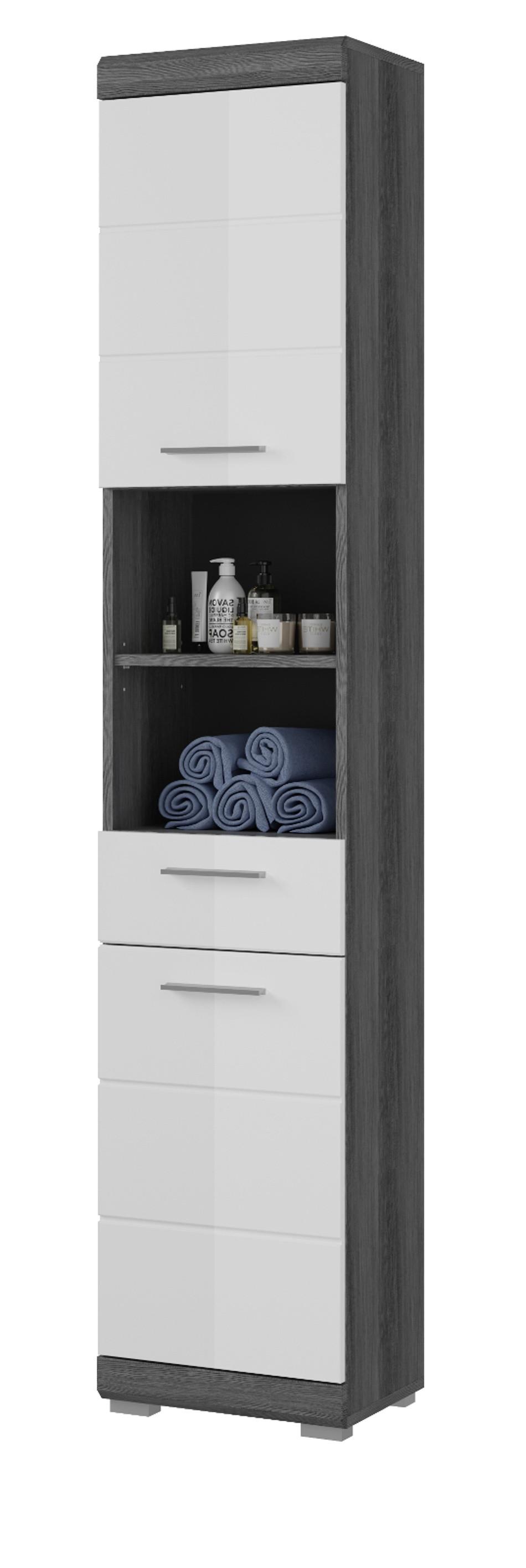 HOCHSCHRANK weiß Hochglanz, grau 190 cm, Badschrank Türanschlag wechselbar - Weiß Hochglanz/Silberfarben, Holzwerkstoff/Kunststoff (37/191/31cm) - Inn.Furn