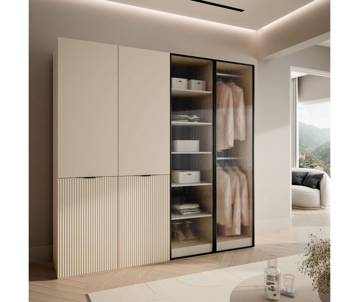 KLEIDERSCHRANK SANDBOX KASHMIR 200 202/49/200 cm Kaschmir / Kaschmir + geriffeltes Glas ohne LED ohne Zusatzböden - Kaschmir/Transparent, Holzwerkstoff/Kunststoff (202/200/49cm) - Lookway