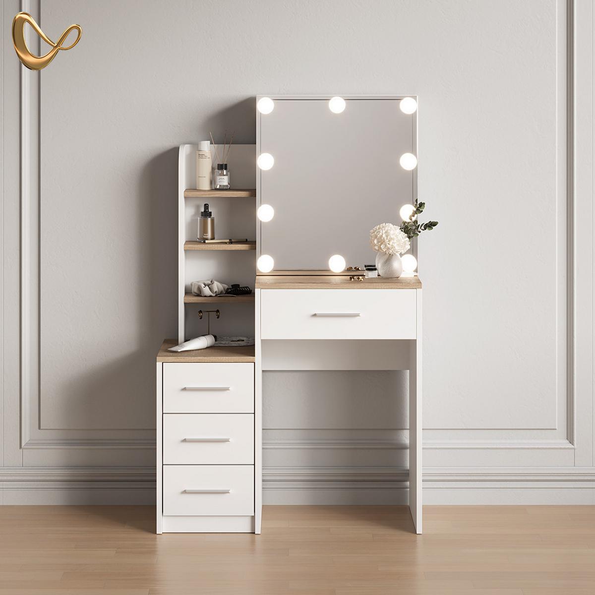 SCHMINKTISCH Loreta Weiß/Sonoma 80 cm mit LED Beleuchtung - Weiß/Sonoma Eiche, Holzwerkstoff (80/131.6/36cm) - Livinity®