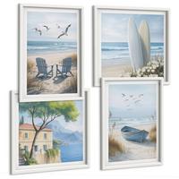 BILDER SET 4er Set - 50x50 cm & 40x60 cm Weißer Rahmen - Strandbretter, Surfboote, Vögel - Weiß, Kunststoff (50/50cm) - TULUP