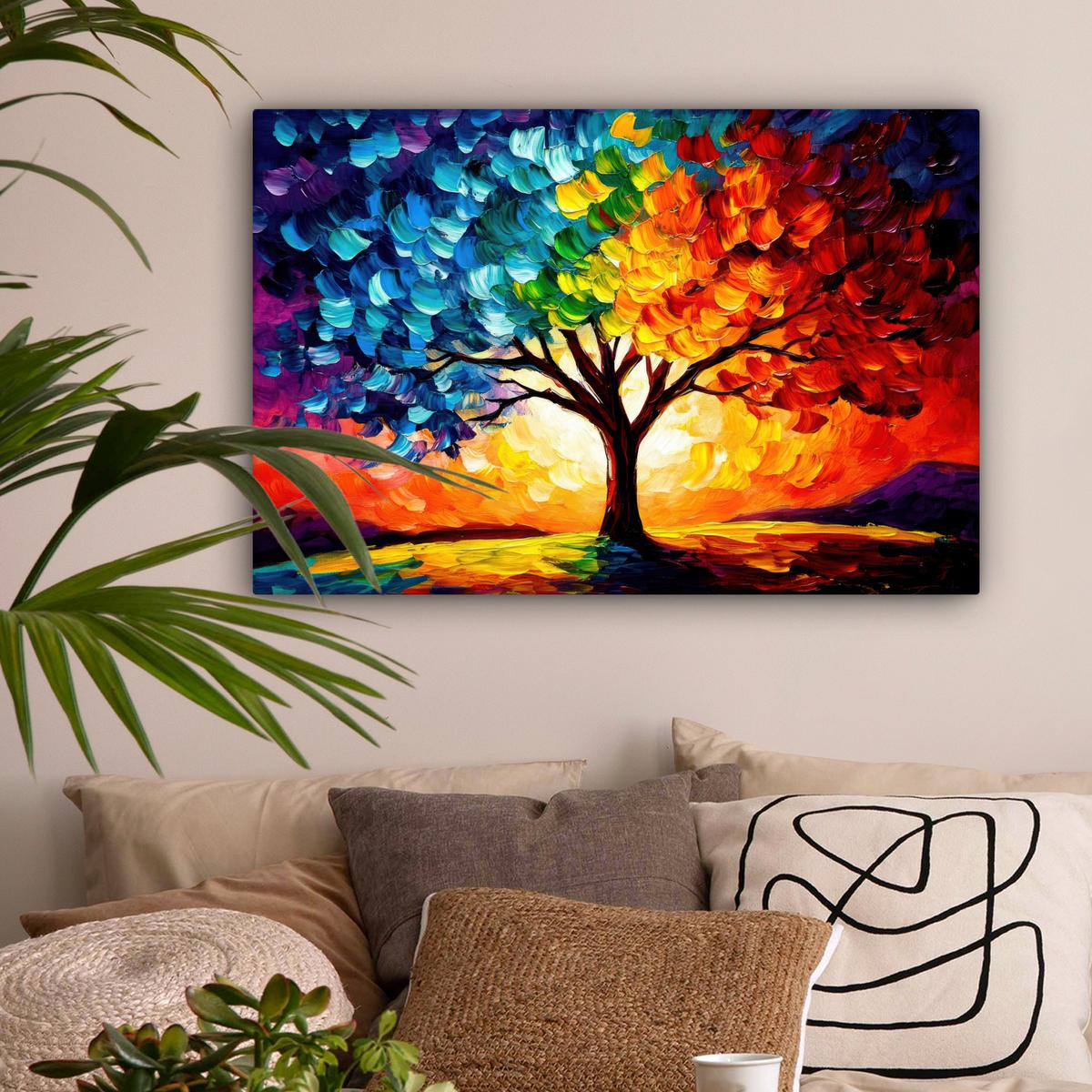 LEINWANDBILD Baum - Kunst - Natur - Sonnenuntergang Gemälde 60x40 cm - Multicolor, Textil (60/40cm) - MuchoWow