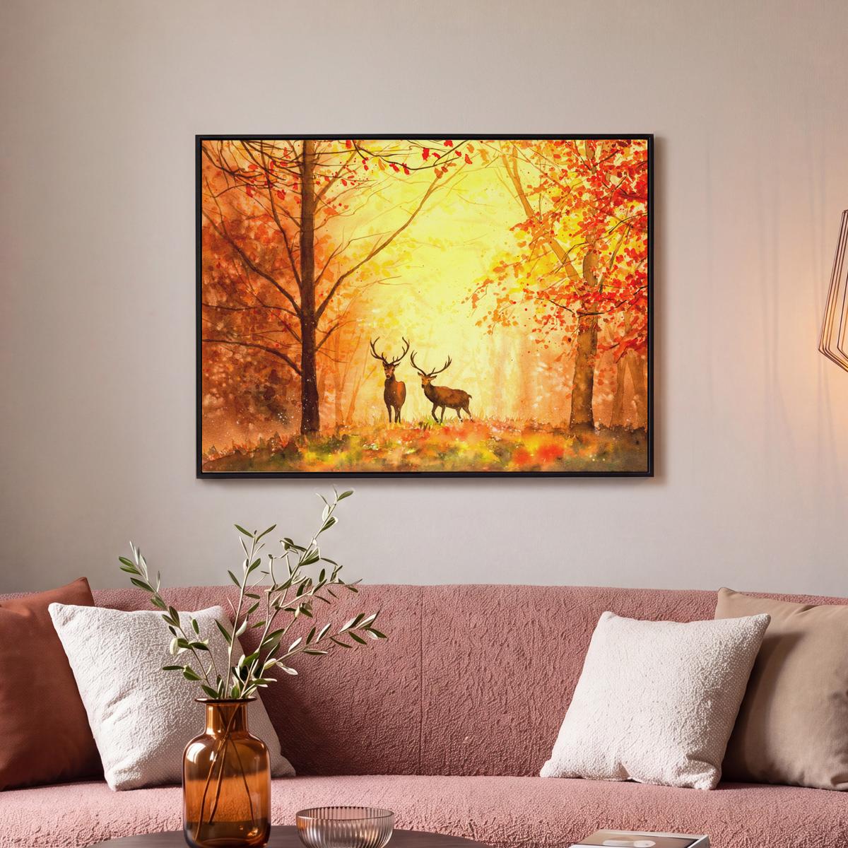 LEINWAND Bilder mit Rahmen - Natur - Ölfarbe - Hirsche - Tiere - Herbst - Orange - 70x50 - Orange, Textil (70/50cm) - MuchoWow