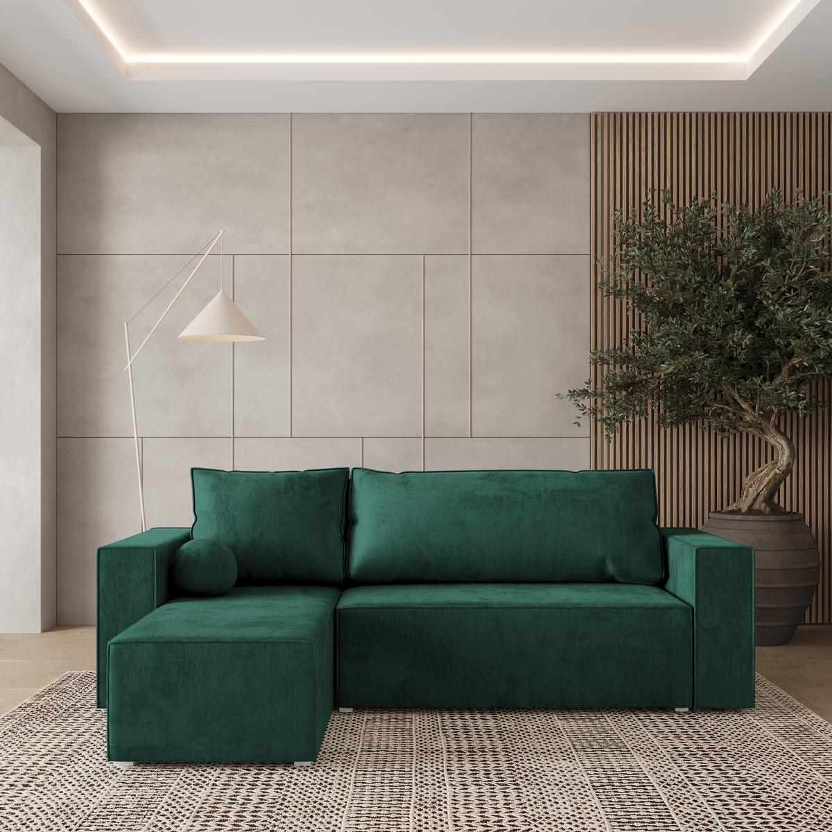ECKSOFA RAVELO M Grün Velours-Stoff mit Schlaffunktion - Grau/Grün, Holz/Kunststoff (240/140cm) - MASSENO