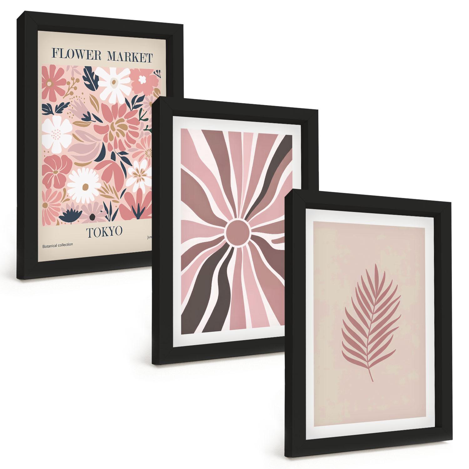 BILDER SET 3er Set - 20x30 cm Schwarzer Rahmen - Florale Blattmuster und Geometrie - Schwarz, Kunststoff (20/30cm) - TULUP