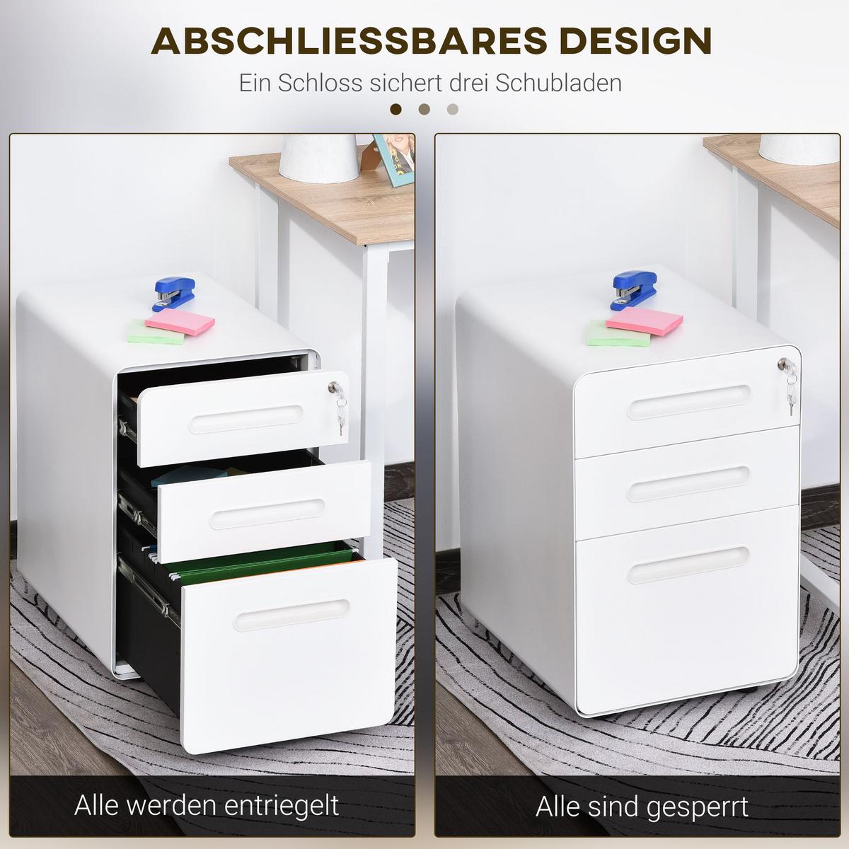 ROLLCONTAINER Aktenschrank mit 3 Schubladen Bürocontainer Stahl Weiß - Weiß, Metall (48/59/39cm) - Vinsetto