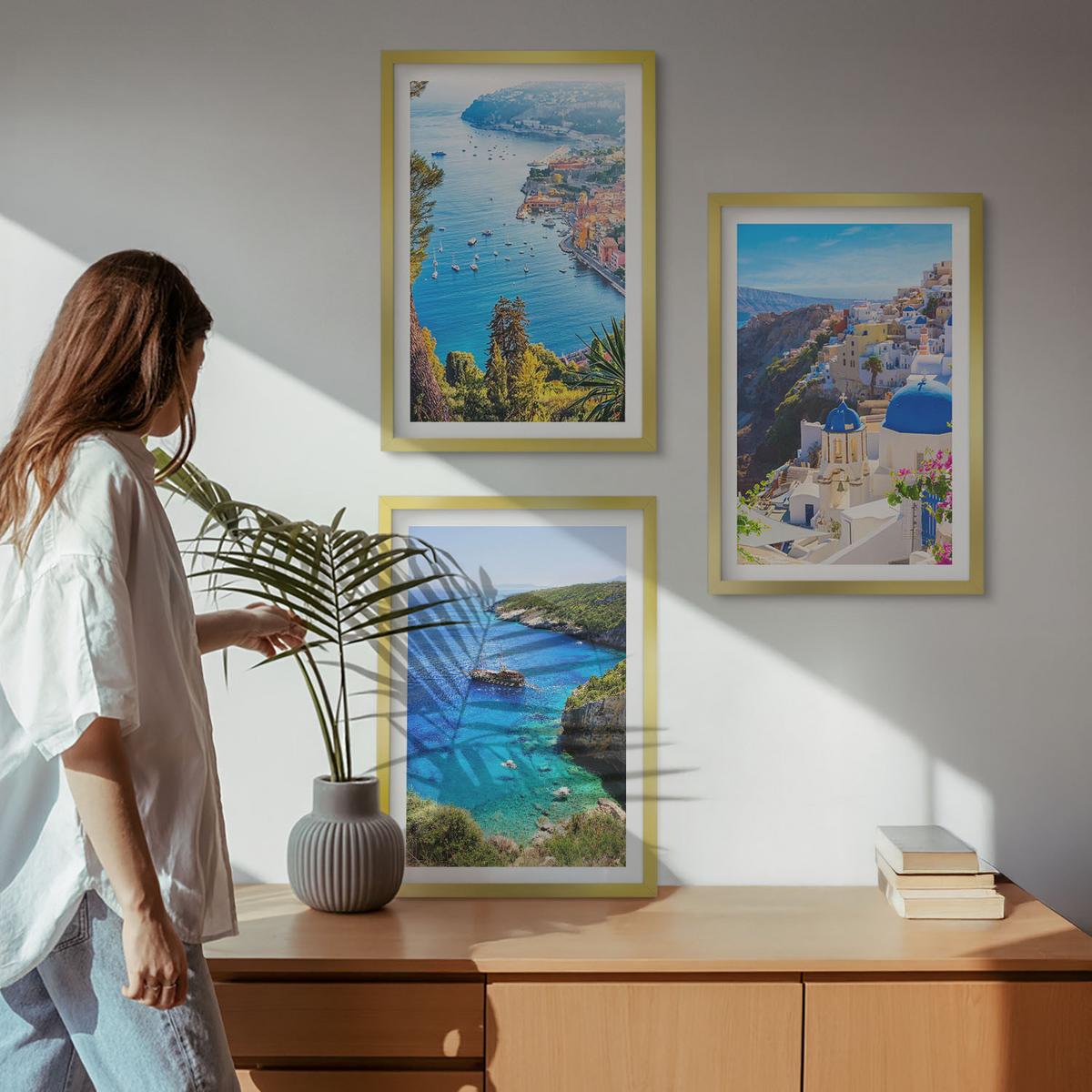 BILDER SET 3er Set - 40x60 cm Goldrahmen - Griechische Ansichten von Santorin Oia - Goldfarben, Kunststoff (40/60cm) - TULUP