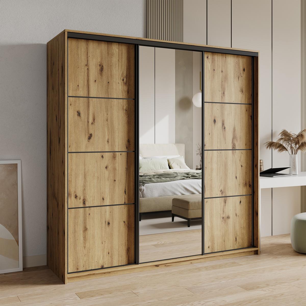 SCHWEBETÜRENSCHRANK VARO 200/205/60 cm 3-türig mit Spiegel Eiche Artisan - Eiche Artisan, Holzwerkstoff (200/205/60cm) - MASSENO