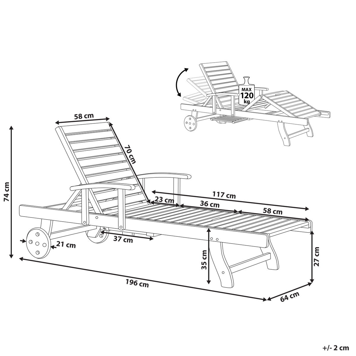 GARTENLIEGE hellbraun Java - Hellbraun, Holz (64/74/196cm) - Beliani