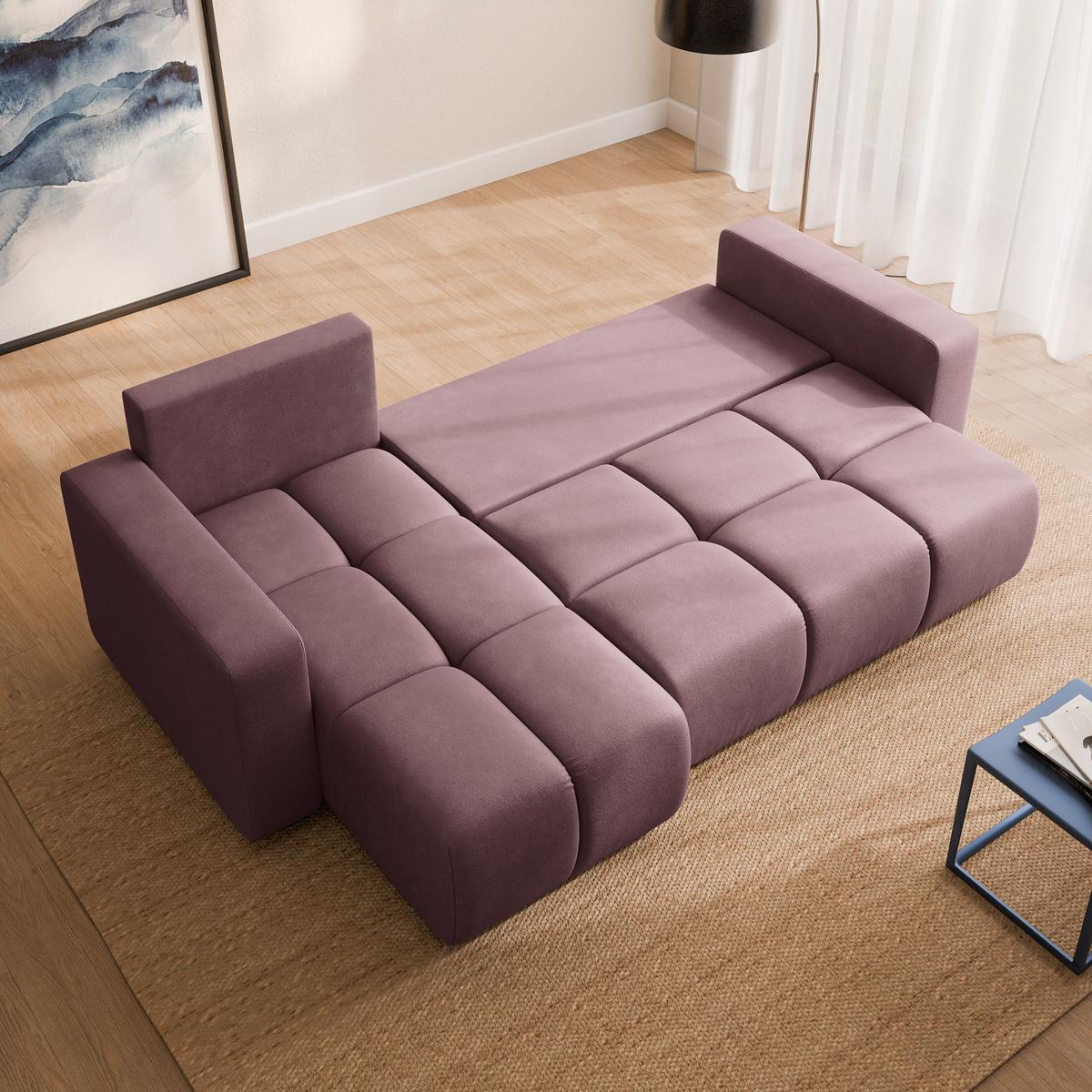 ECKSOFA RAMIL Rosa Plüsch-Stoff mit Schlaffunktion - Rosa, Holz (240/149cm) - MASSENO