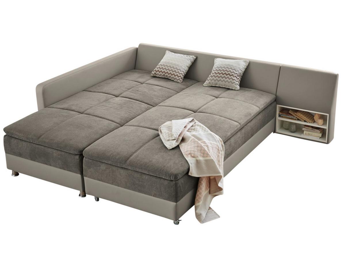 ECKSOFA-DAUERSCHLÄFER Doppelbett Boxspring Federkern Topper, Schwenkteil rechts B306/T223/H95 cm, Kunstleder Beige+Mikrofaser Graubraun / 15102 - Chromfarben/Graubraun, Kunststoff/Textil (306/223cm) - luma-home