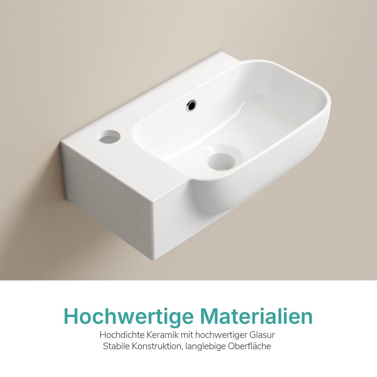 HANDWASCHBECKEN Links-Wasserhahnloch 40 / 25 / 14 cm - Weiß, Keramik (40/14/25cm) - EMKE