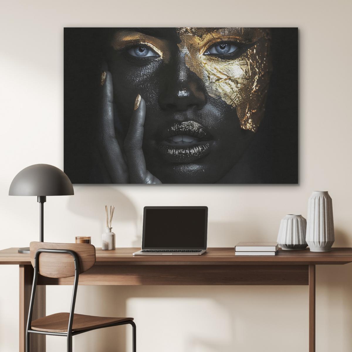 AKUSTIKBILD Frau - Gold - Porträt - Schwarz-Weiß - Luxus Akustikpaneele 90x60 cm - Hellblau, Kunststoff (90/60/0.9cm) - MuchoWow