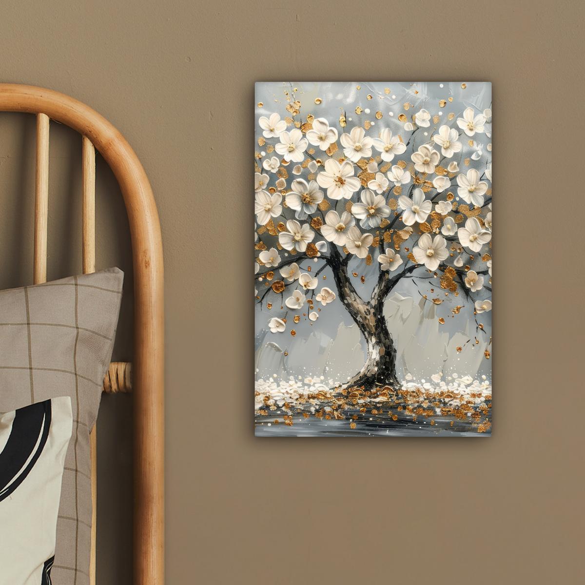 LEINWANDBILD Baum - Blumen - Weiß - Natur - Kunst Deko Wohnzimmer 20x30 cm - Weiß, Textil (20/30cm) - MuchoWow