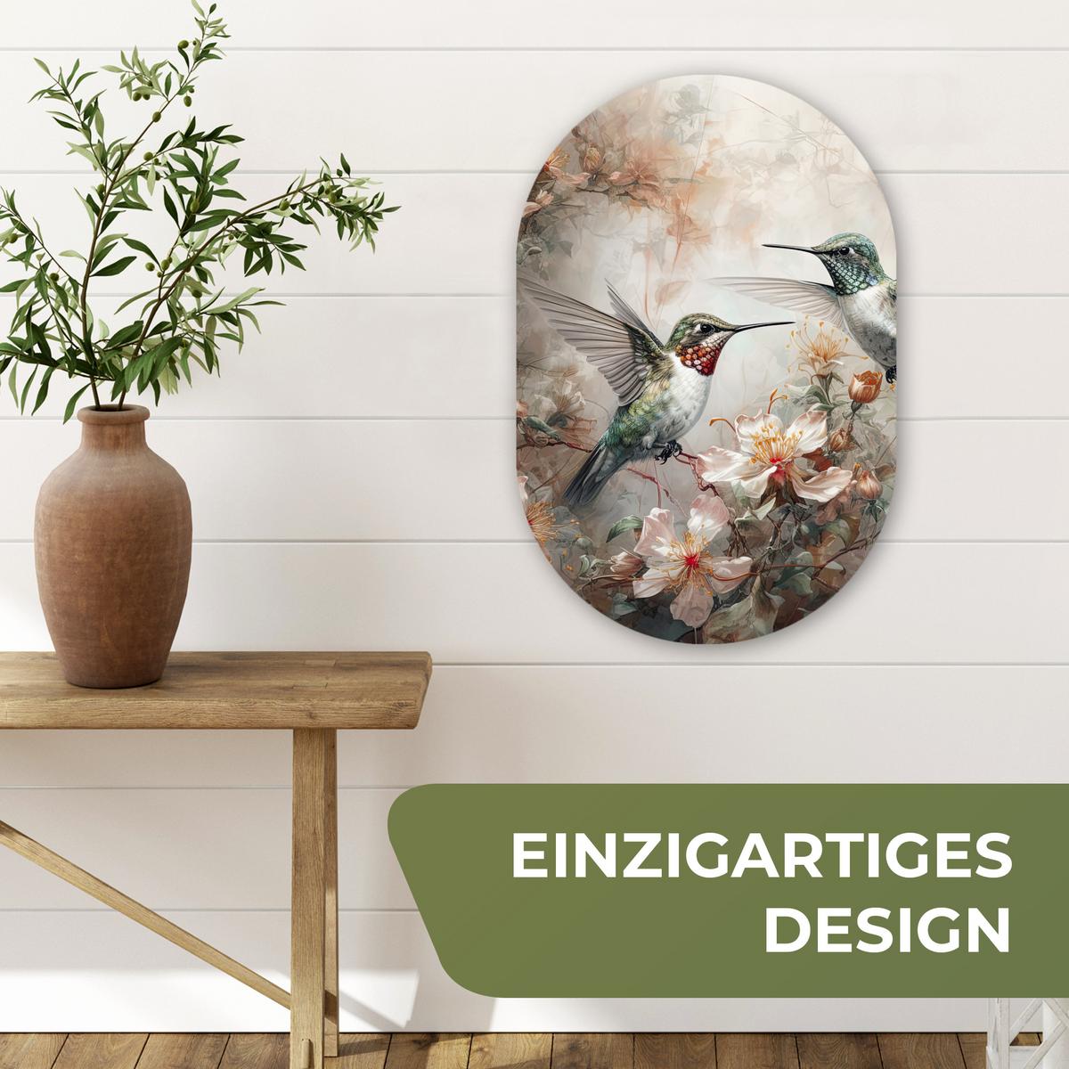 WANDBILD Kolibri - Vögel - Blumen - Pflanzen Deko Wohnzimmer 40x60 cm - Hellgrün, Kunststoff (40/60cm) - MuchoWow