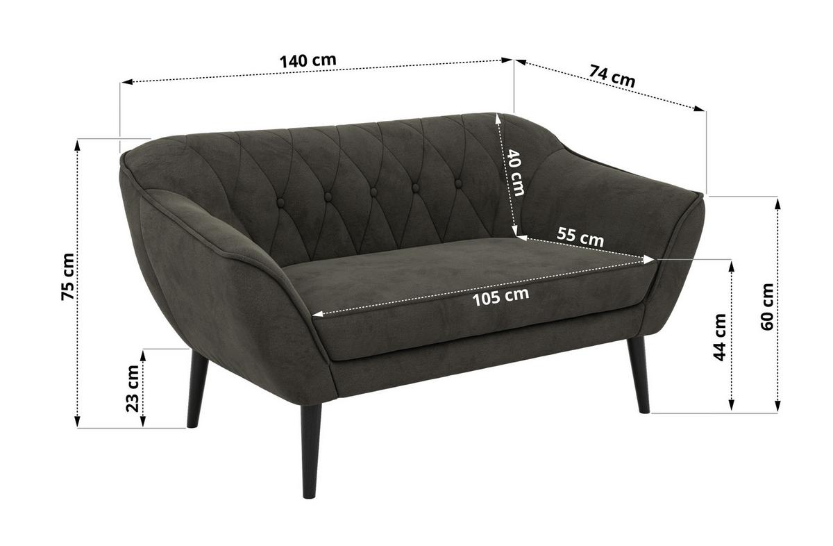 2-SITZER-SOFA PIRS - Dunkelgrau Velvet - Schwarze Beine - Dunkelgrau/Schwarz, Holzwerkstoff/Textil (140/75/74cm) - MKS