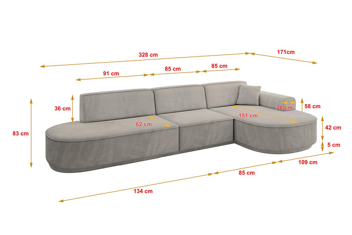 ECKSOFA Ottomane Rechts MARI-L2-v3 - 328x171x83 cm Hellbraun Velours - Hellbraun/Schwarz, Holzwerkstoff/Kunststoff (171/328cm) - ALTDECOR