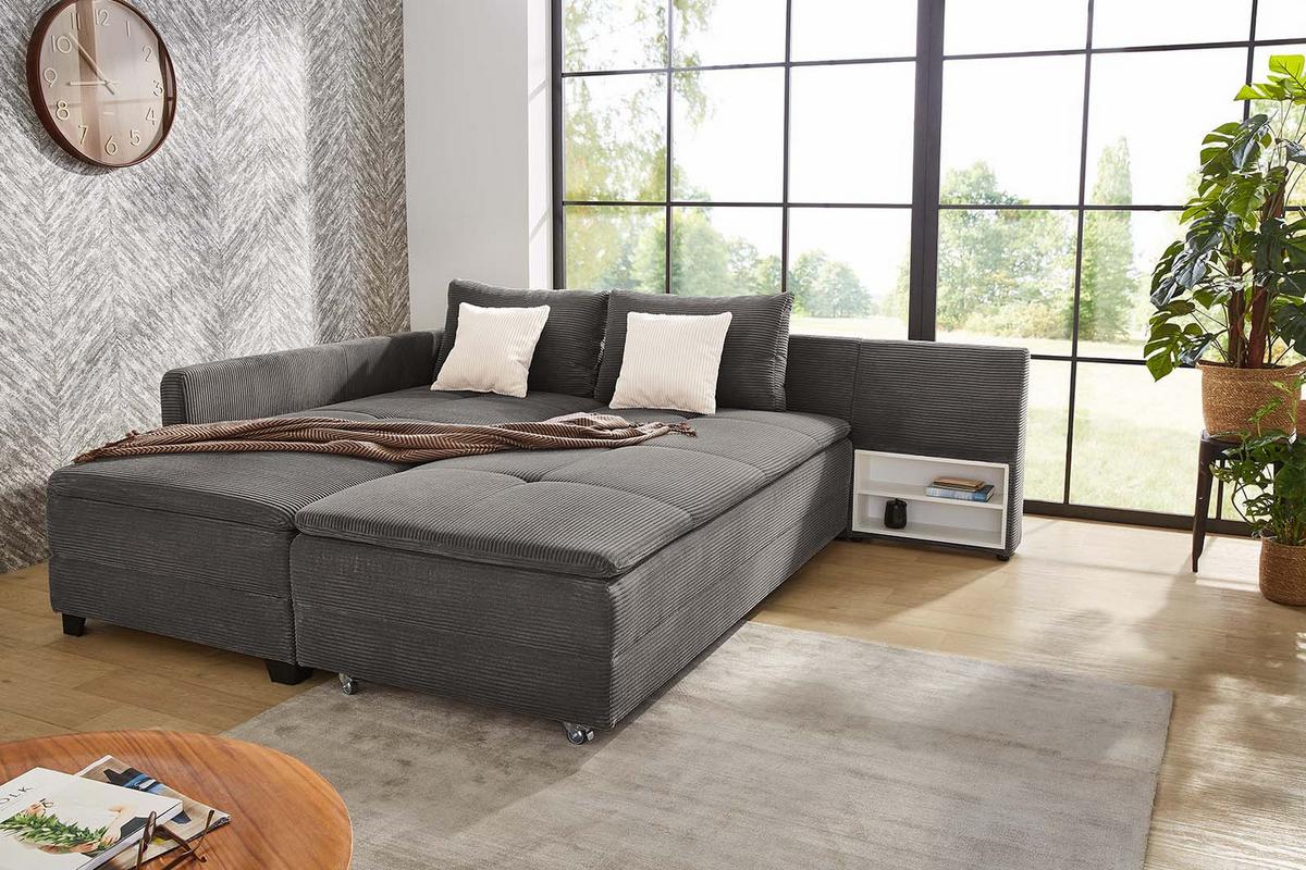 ECKSOFA-DAUERSCHLÄFER Doppelbett Boxspring Federkern Topper, seitenverkehrt montierbar B306/T223/H95 cm, Cord Dunkelgrau / 15163 - Dunkelgrau/Schwarz, Kunststoff/Textil (306/223cm) - luma-home