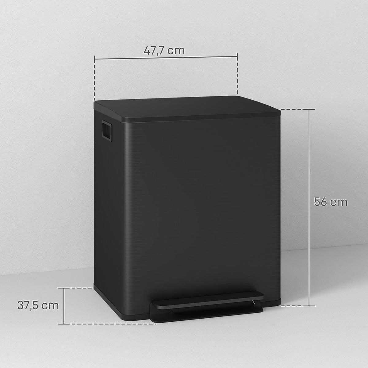MÜLLEIMER 2 x 25L Treteimer mit Deckel, Fußpedal, Inneneimer, Edelstahl - Schwarz, Metall (37.5/56/47.7cm) - HOMCOM