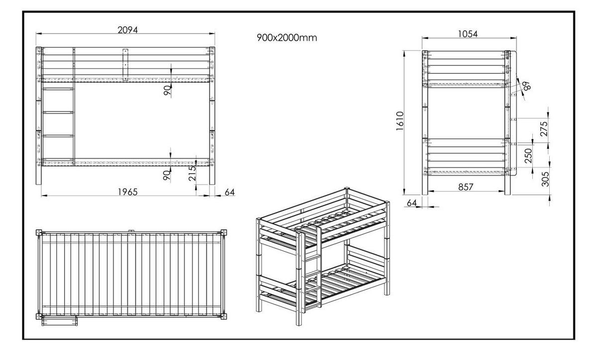 ETAGENBETT Karolina 210x161x105 aus Massivholz in Weiß - Weiß, Holz (90/200cm) - 58aufmkessel