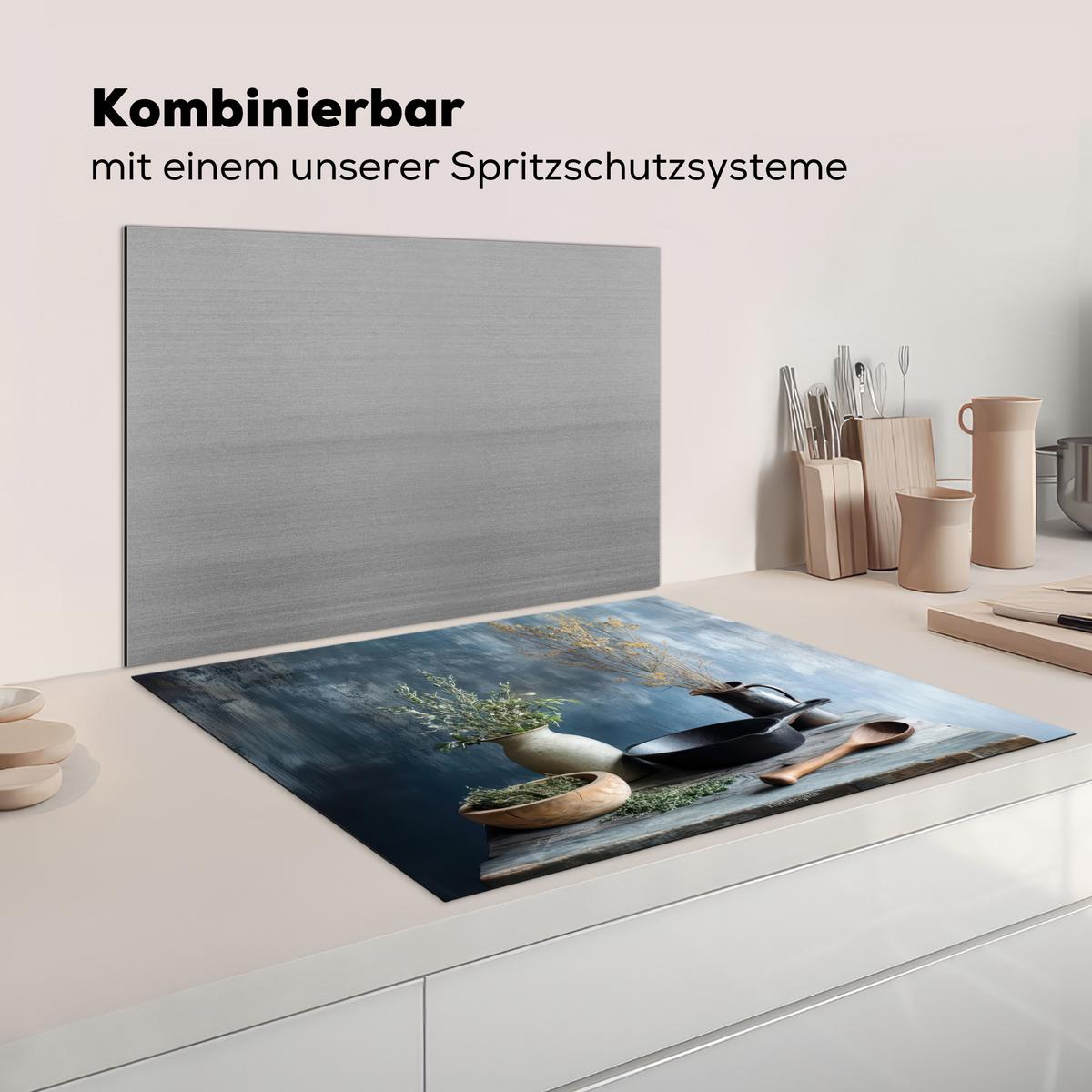 HERDABDECKPLATTE Stilleben - Kräuter - Rustikal Induktionsmatte 77x59 cm - Blaugrau, Kunststoff (77/59/0.2cm) - MuchoWow
