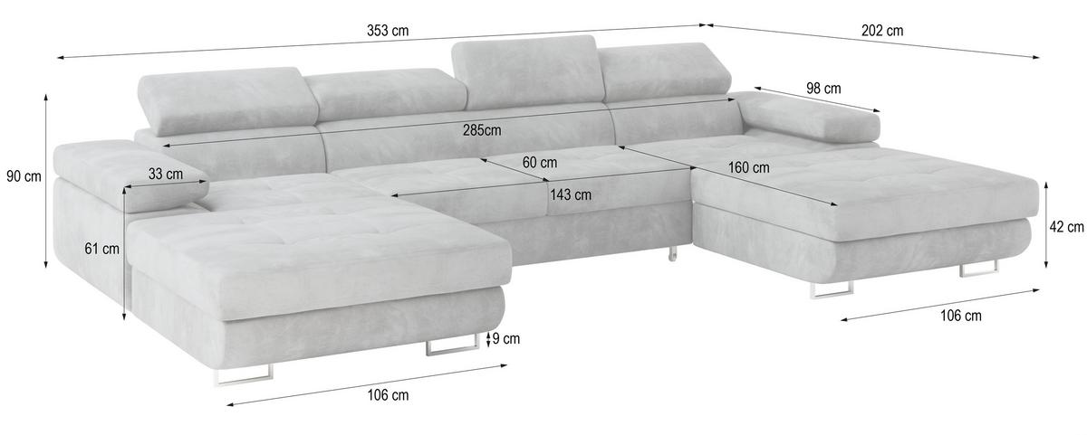 WOHNLANDSCHAFT LYKKE Hellgrau Velours-Stoff mit Schlaffunktion - Hellgrau, Holz (353/90/202cm) - MASSENO