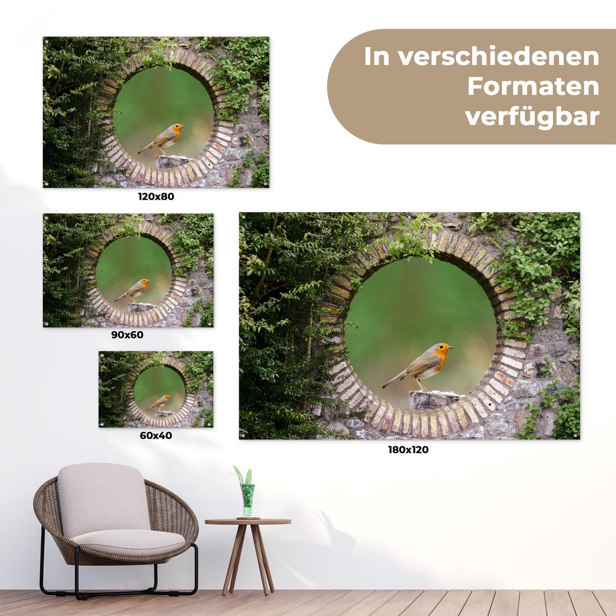 GARTENPOSTER Vogel - Durchblick - Rotkehlchen Gartendeko 90x60 cm - Grün, Kunststoff (90/60/0.2cm) - OnlyWow