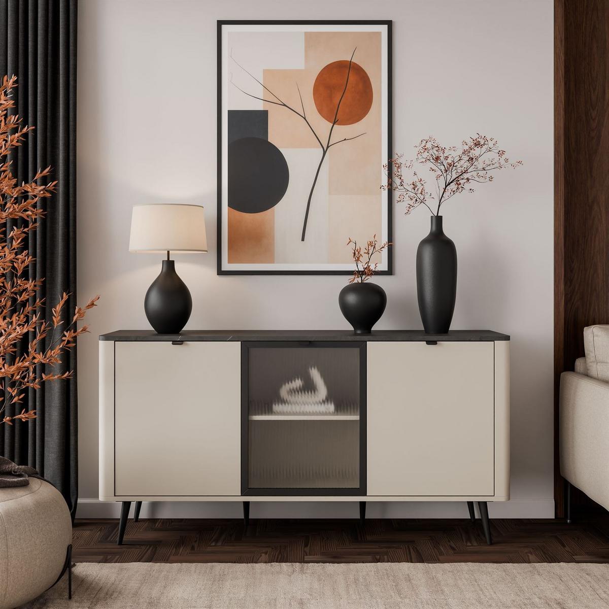 KOMMODE auf Füßen AUTUMN 2D1W mit Glasfront, Kaschmir / Grauer Stein - Beige, Holzwerkstoff (160/82/40cm) - Lookway