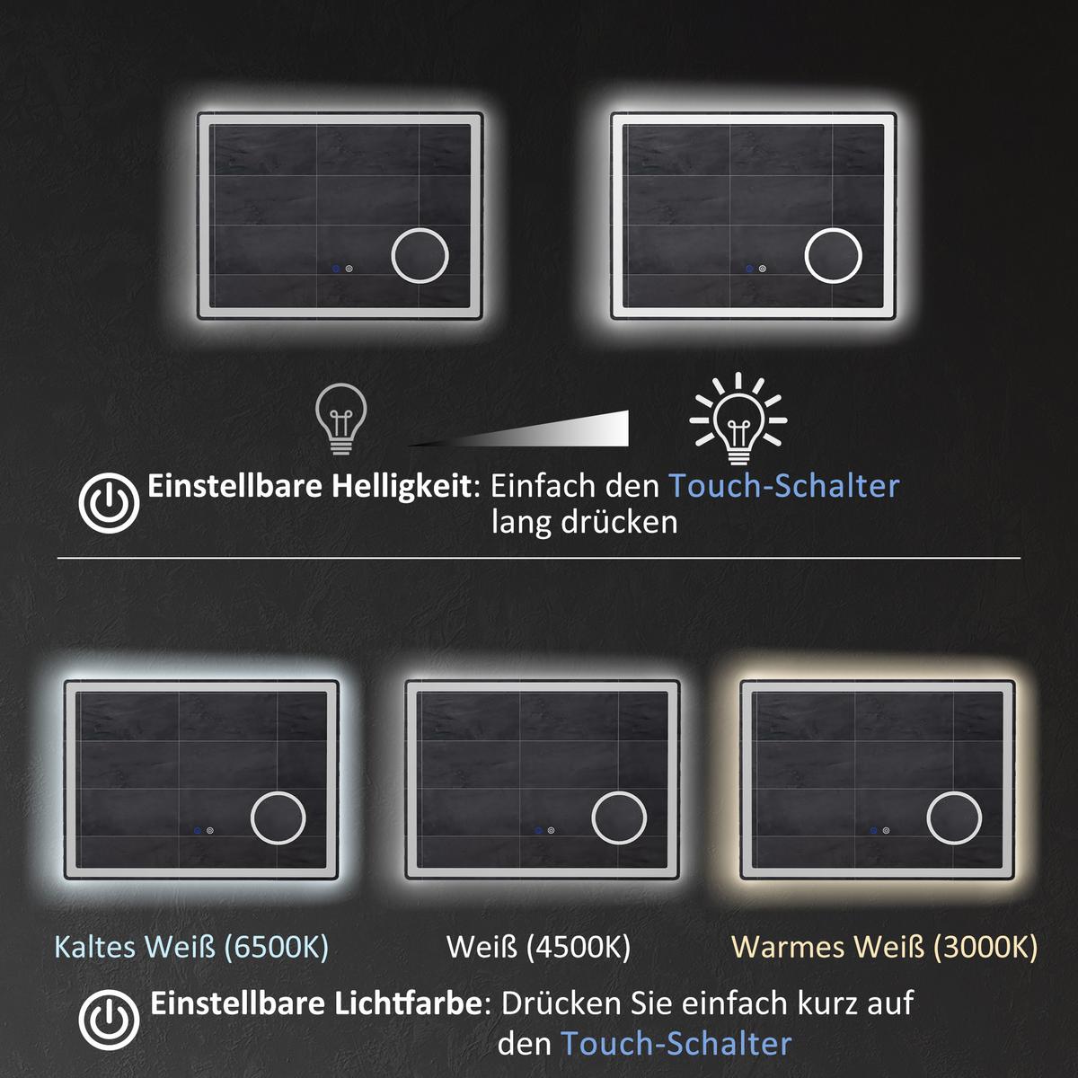 LED Badezimmerspiegel,mit 3x Vergrößerung, Memory-Funktion, beschlagfrei - Weiß, Glas (3.8/60/80cm) - Kleankin