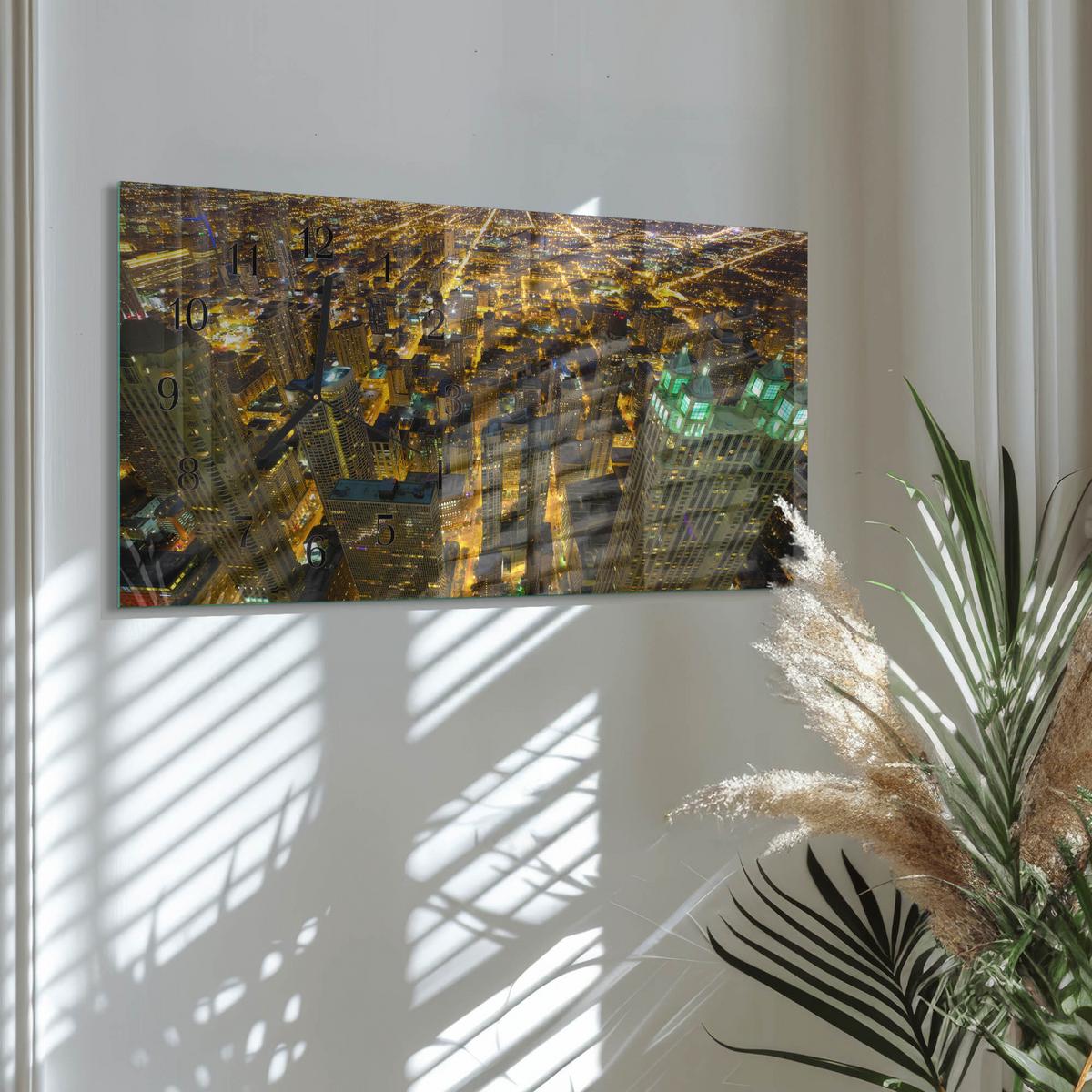 WANDUHR aus Glas 60x30 cm - Stadt bei Nacht - Gelb, Glas (60/30/0.4cm) - TULUP