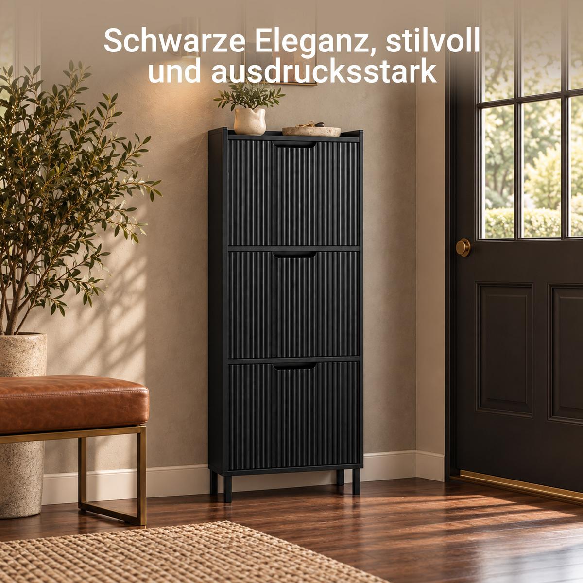 SCHUHSCHRANK schwarz, 130 cm hoch, nur 19 cm tief, 3 Klappen für 6 Paar, Lamellenfront, erweiterbar, für Flur & Diele - Schwarz, Holzwerkstoff/Metall (50/130/19cm) - SoBuy
