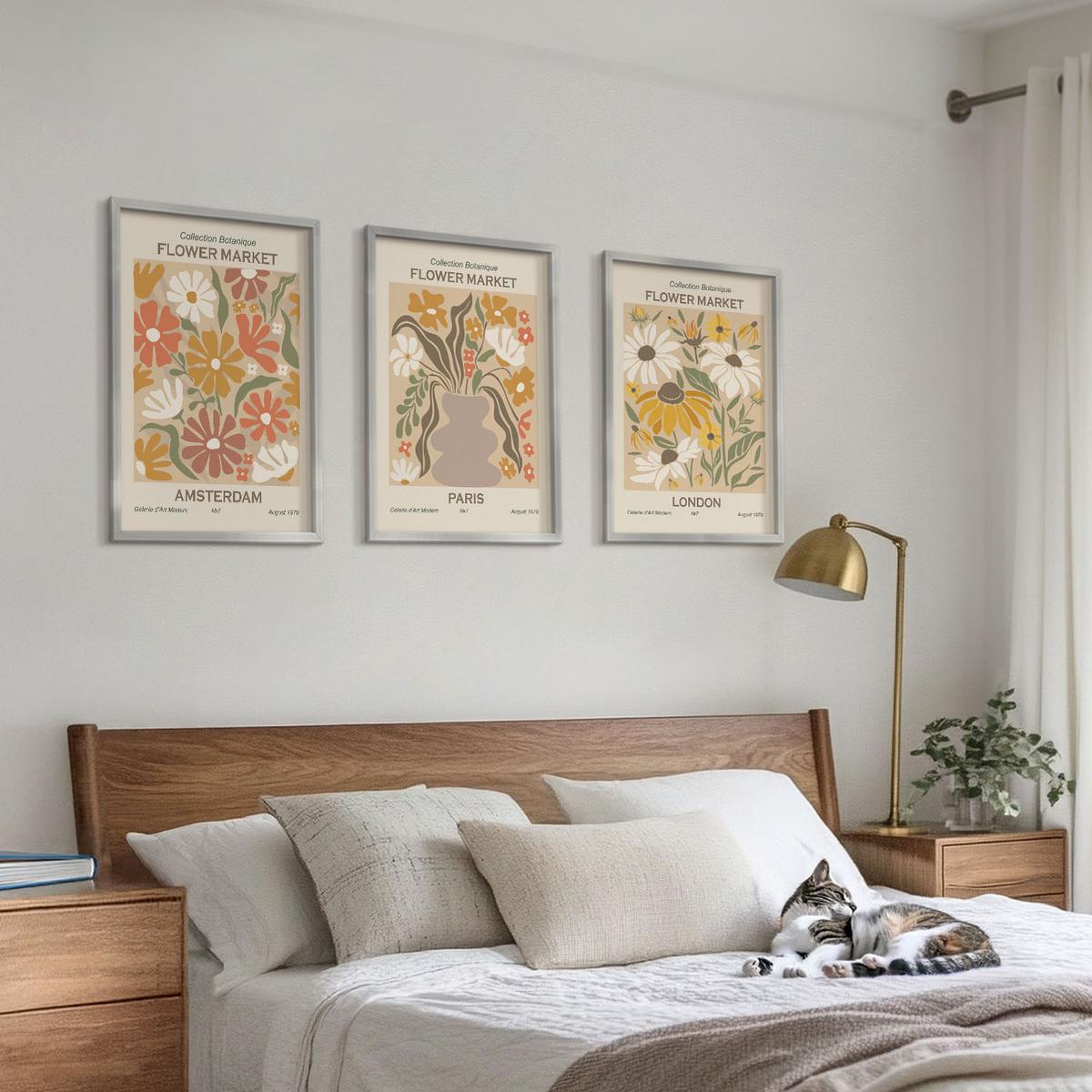 BILDER SET 3er Set - 40x60 cm Silberner Rahmen - Blumenmuster Amsterdam Paris London - Silberfarben, Kunststoff (40/60cm) - TULUP