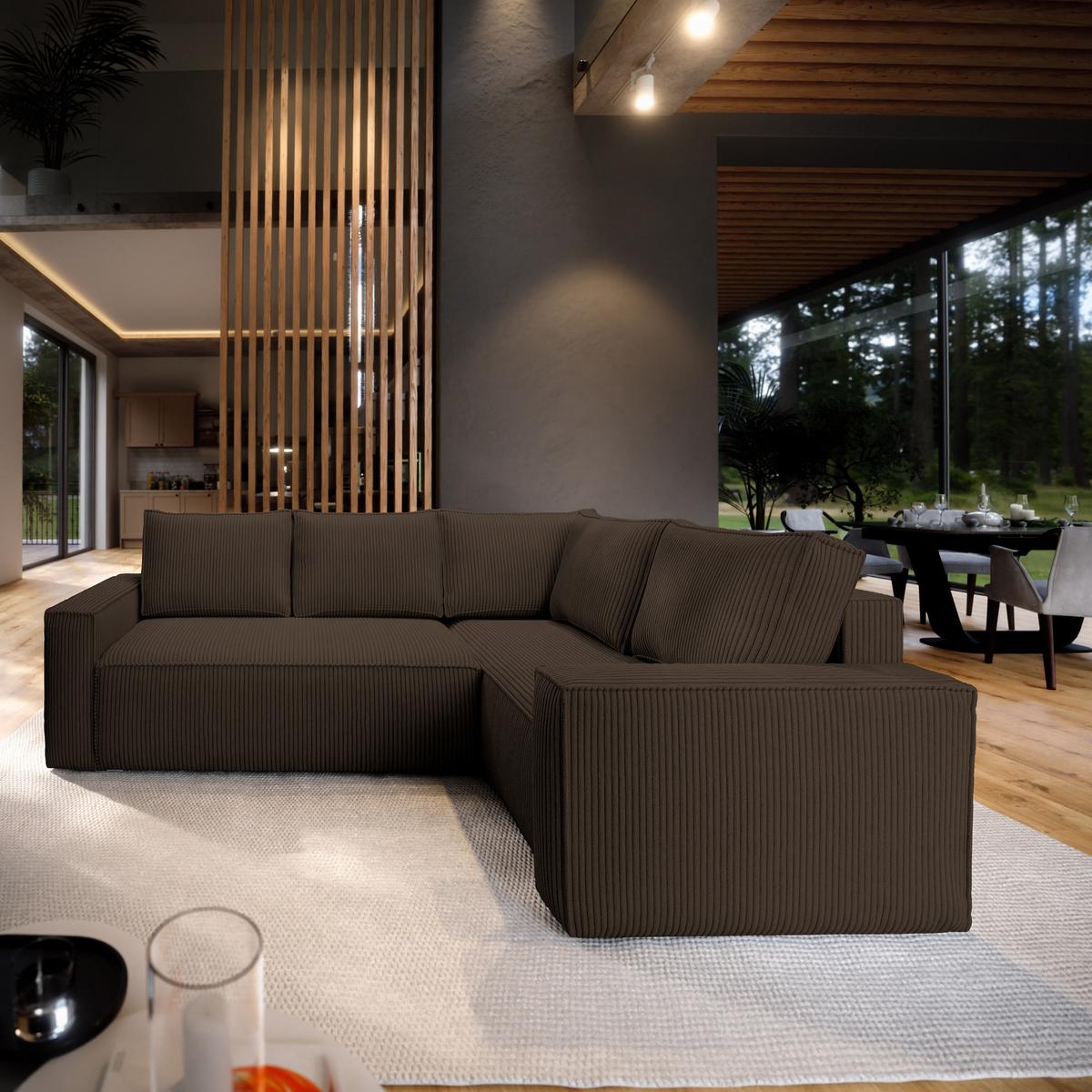 ECKSOFA ESTANO R-S Braun Kordstoff mit Schlaffunktion - Braun, Holz (230/158cm) - MASSENO