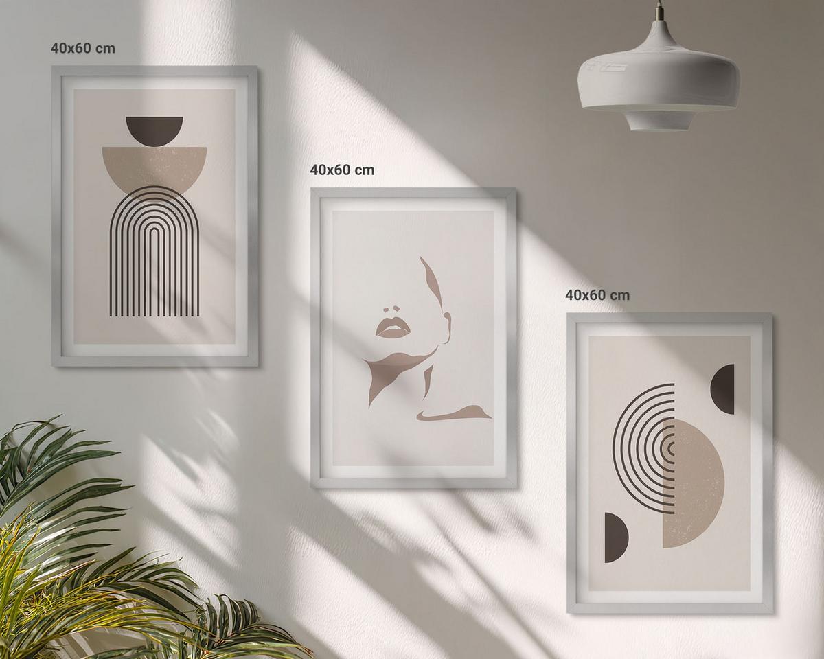 BILDER SET 3er Set - 40x60 cm Silberner Rahmen - Abstrakte Formen und Gesicht - Silberfarben, Kunststoff (40/60cm) - TULUP