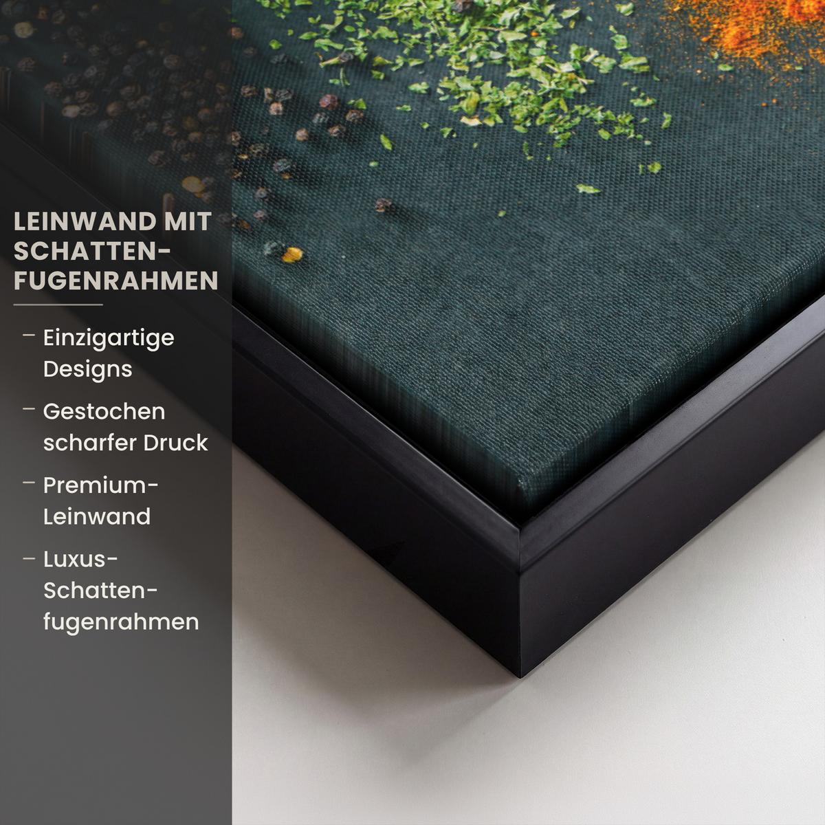 LEINWAND Bilder mit Rahmen - Kräuter - Gewürze - Löffel - 70x100 - Currygelb, Textil (70/100cm) - MuchoWow