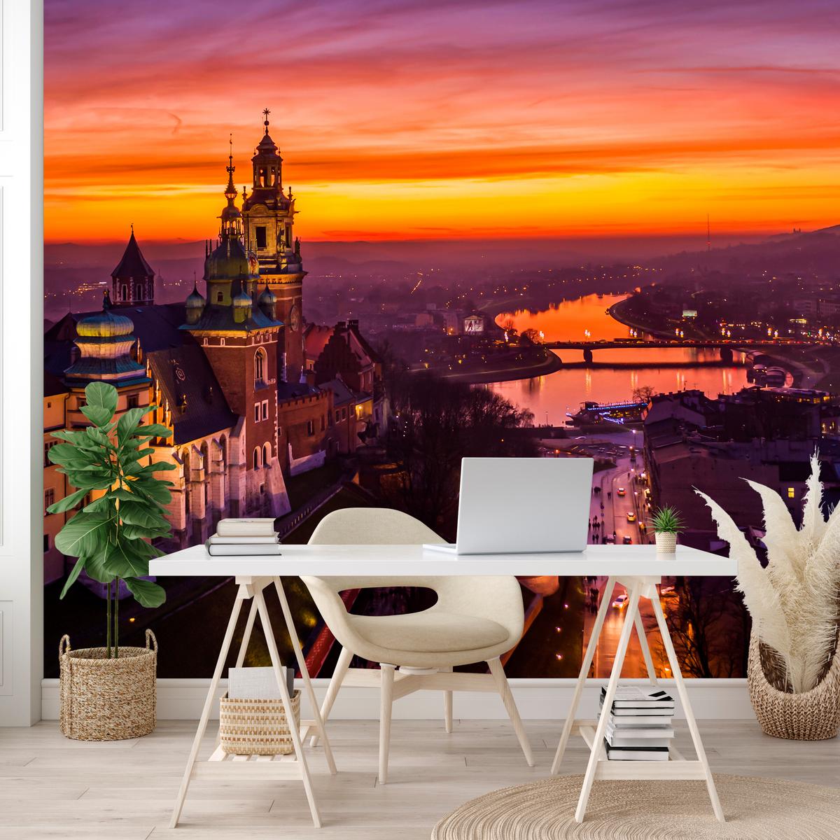 FOTOTAPETE für Wohnzimmer Sonnenuntergang Wawelburg Architektur Stadt 100x70 - Orange, Papier (100/70cm) - Muralo