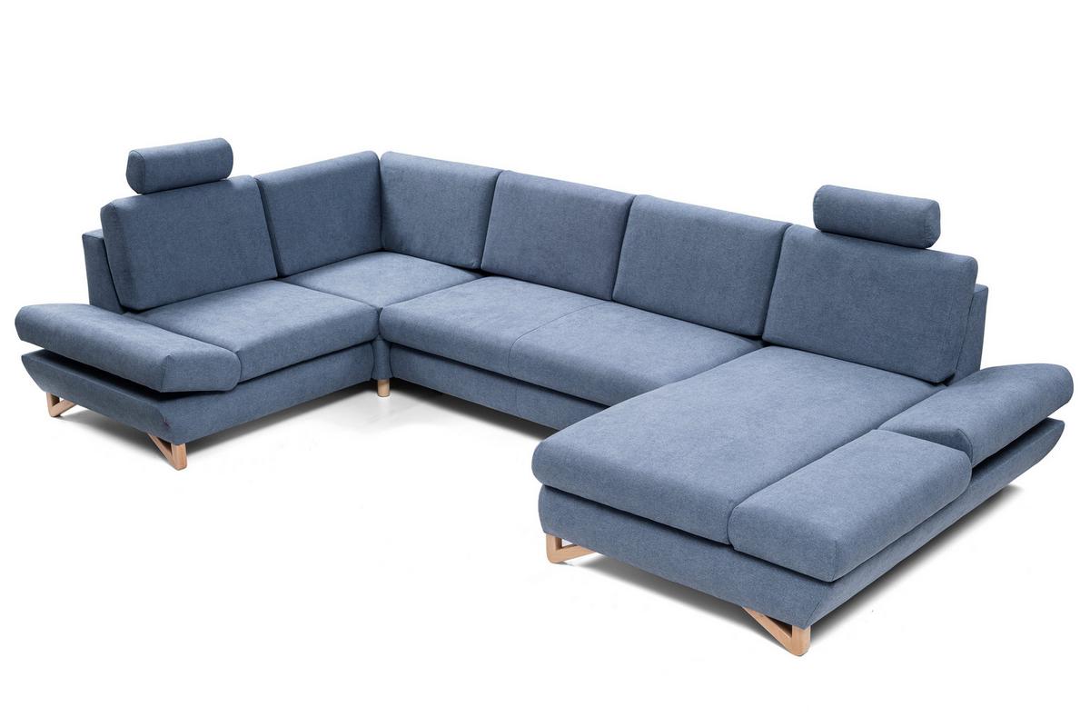 WOHNLANDSCHAFT CASA IV L-S Blau Plüsch-Stoff mit Schlaffunktion - Blau, Holz (344/100/199cm) - MASSENO